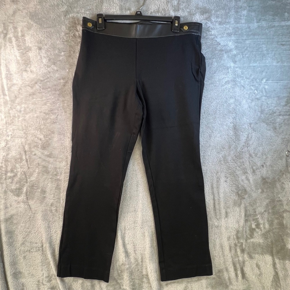 Anne Klein L Black Ponte Knit Ankle Pants Faux Leather Trim Dark Academia Chic